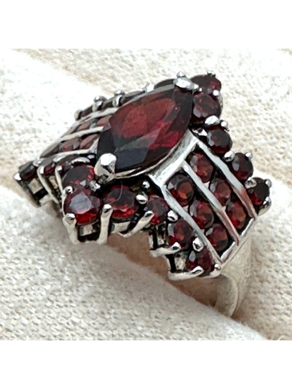 Red Garnet Cluster Sterling Silver Ring Size 7.5 Statement Jewelry